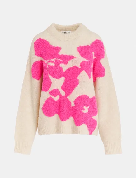 Ecru and neon pink floral intarsia-knitted sweater