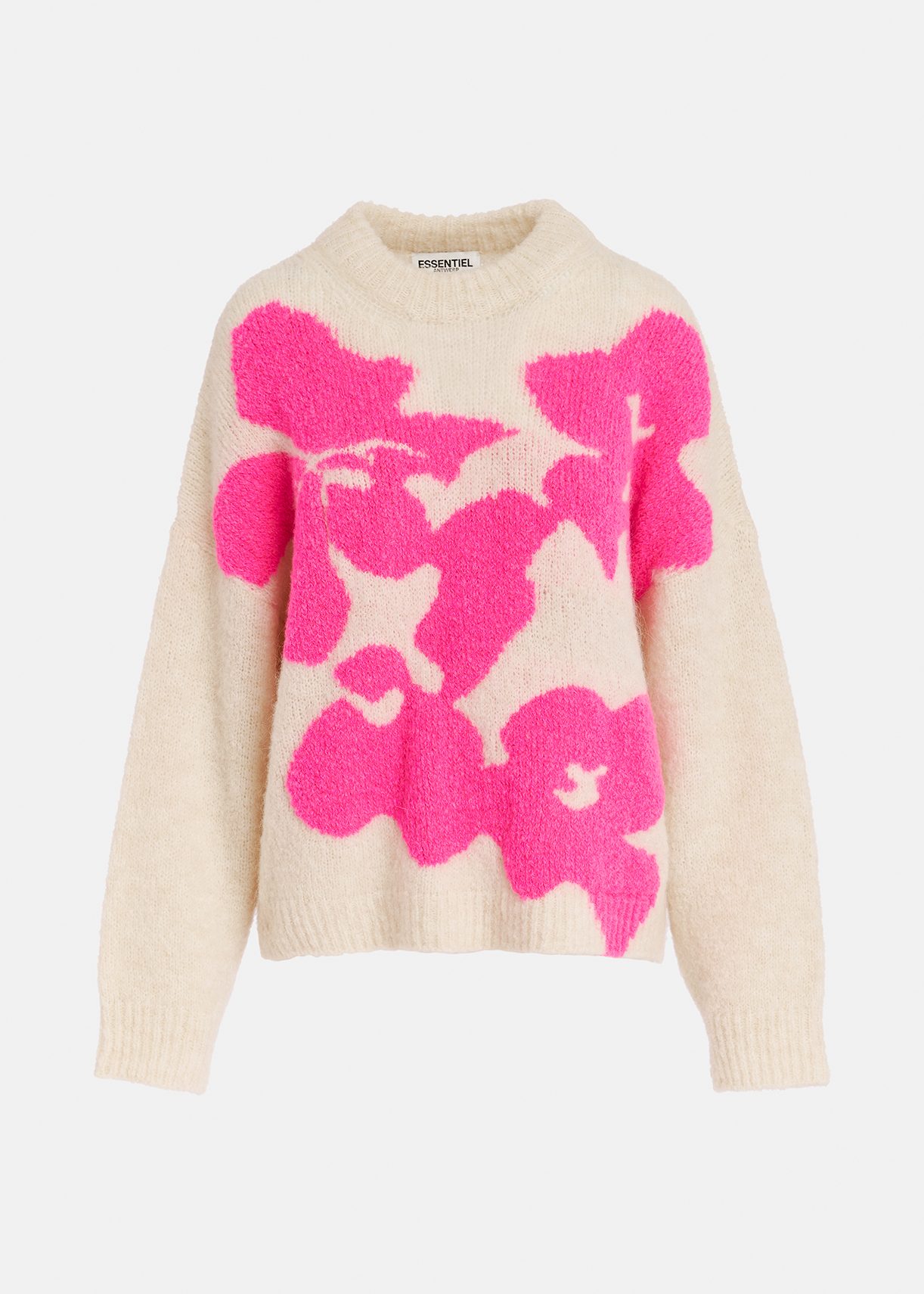 Ecru and neon pink floral intarsia-knitted sweater