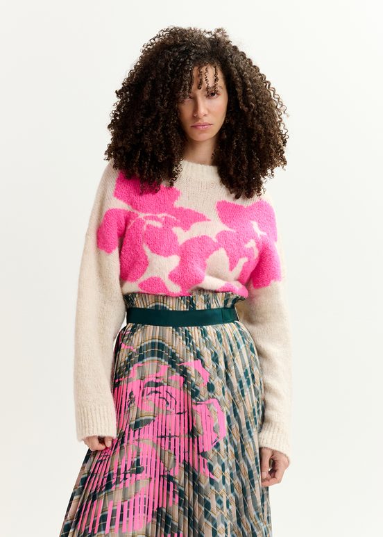 Ecru and neon pink floral intarsia-knitted sweater