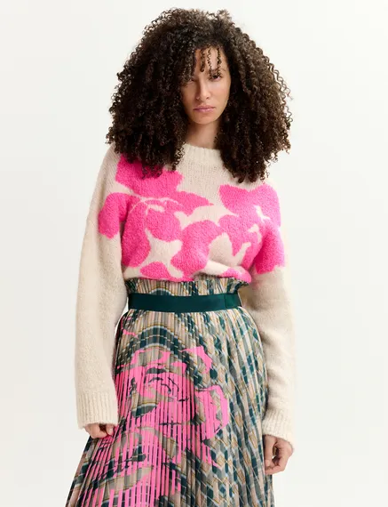 Ecru and neon pink floral intarsia-knitted sweater