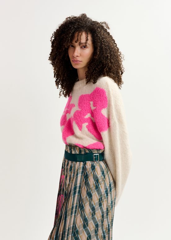 Ecru and neon pink floral intarsia-knitted sweater