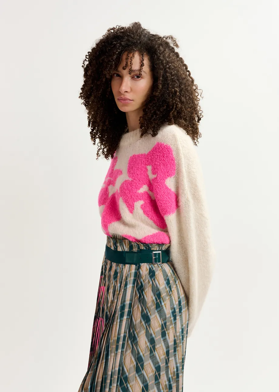 Ecru and neon pink floral intarsia-knitted sweater