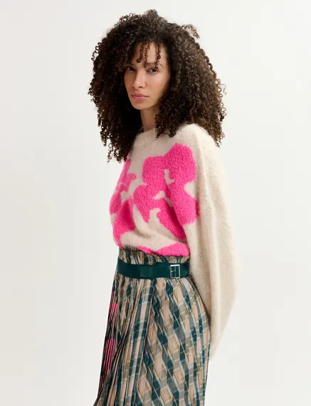 Ecru and neon pink floral intarsia-knitted sweater