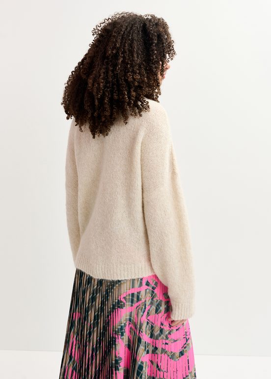 Ecru and neon pink floral intarsia-knitted sweater