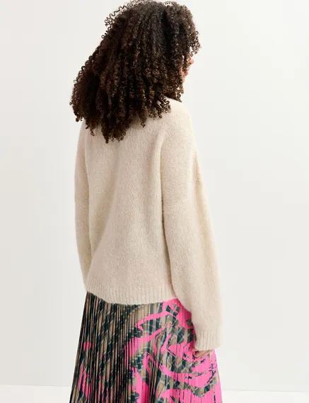 Ecru and neon pink floral intarsia-knitted sweater