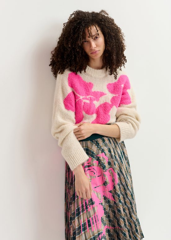 Ecru and neon pink floral intarsia-knitted sweater