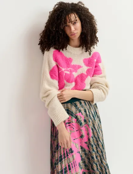 Ecru and neon pink floral intarsia-knitted sweater