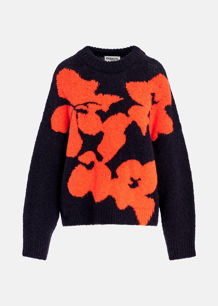 Navy blue and red floral intarsia-knitted sweater