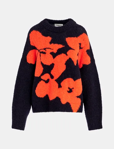 Navy blue and red floral intarsia-knitted sweater