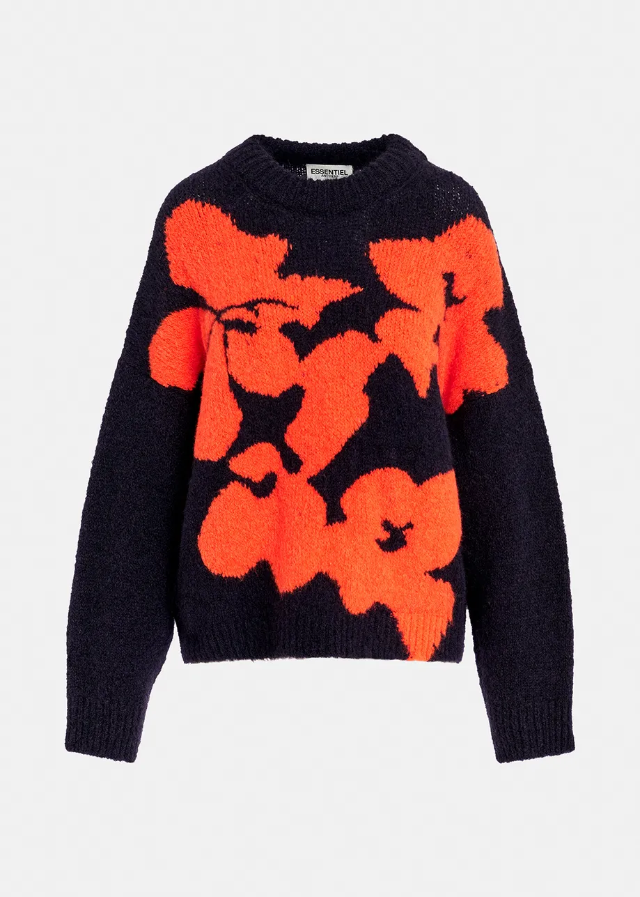 Navy blue and red floral intarsia-knitted sweater