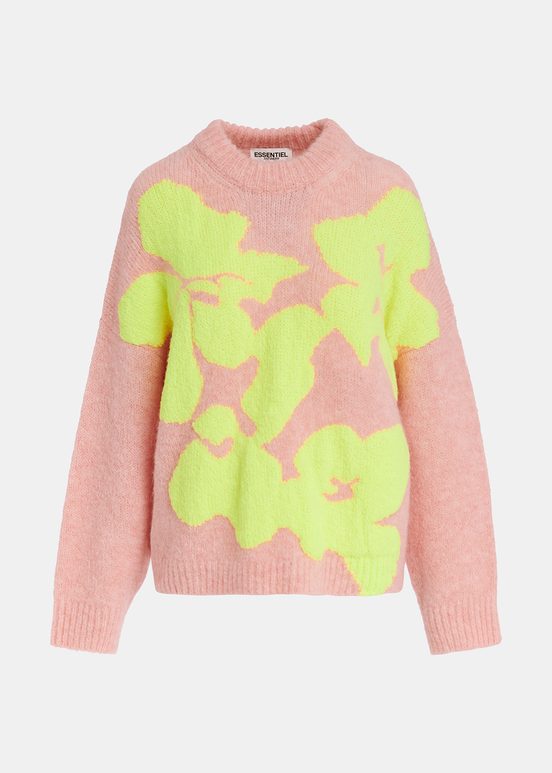 Pull en tricot intarsia fleuri rose clair et jaune fluo