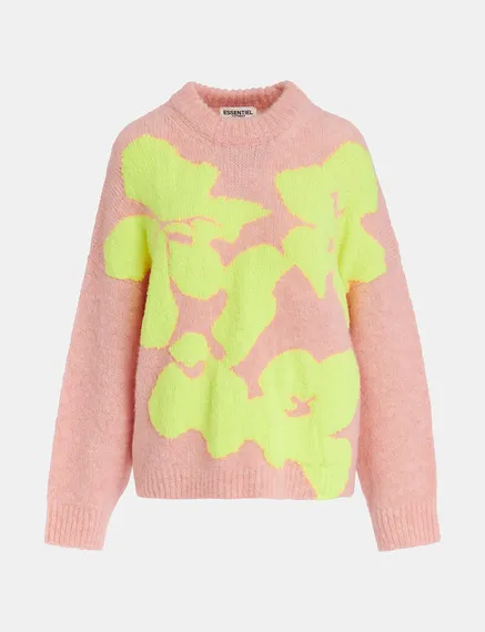 Light pink and neon yellow floral intarsia-knitted sweater