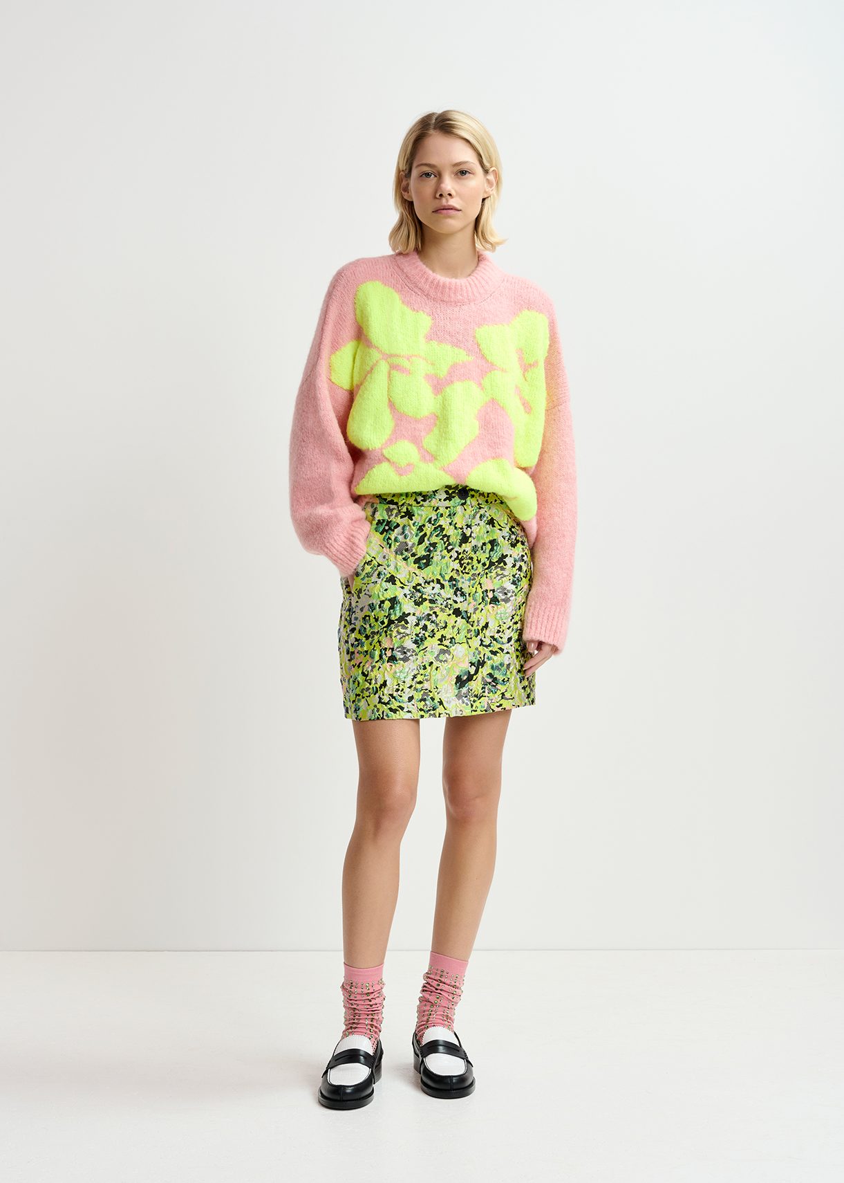 Light pink and neon yellow floral intarsia knitted sweater Essentiel Antwerp United Kingdom