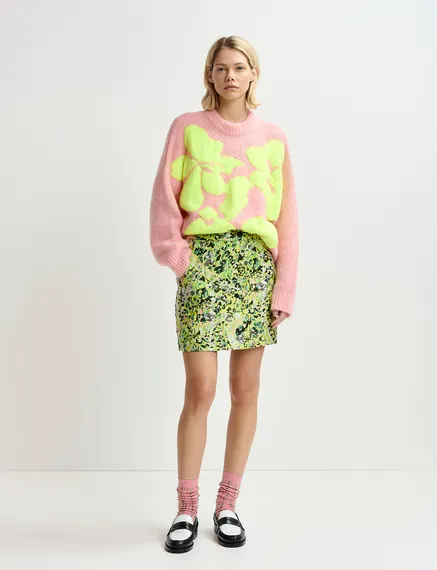 Light pink and neon yellow floral intarsia-knitted sweater