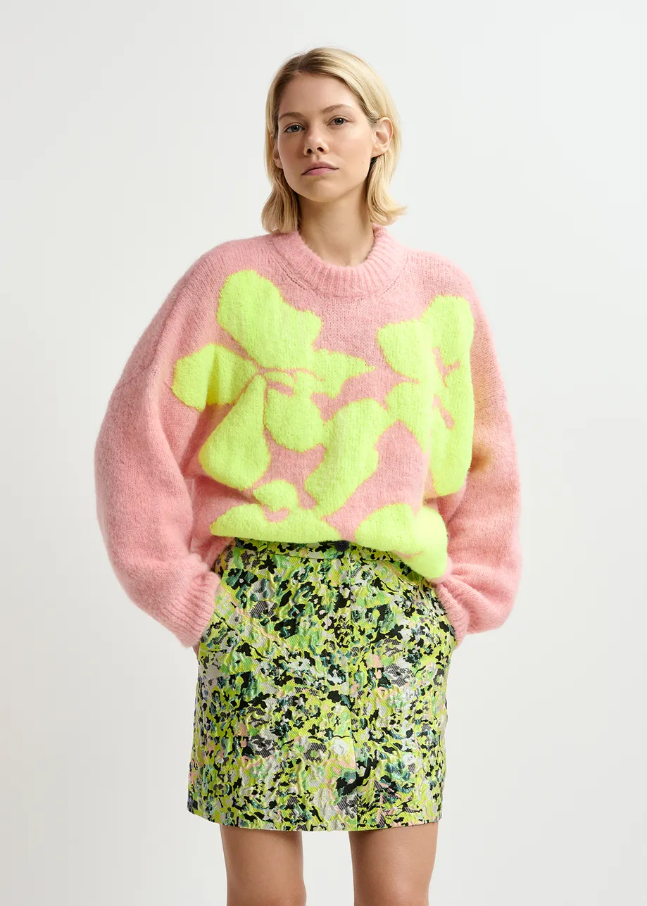 Light pink and neon yellow floral intarsia-knitted sweater