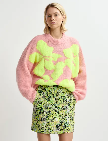 Light pink and neon yellow floral intarsia-knitted sweater