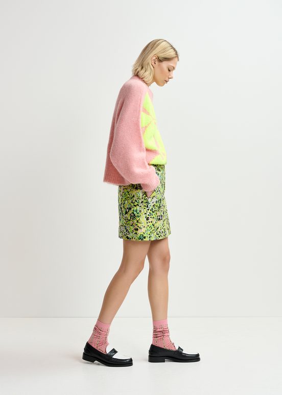 Light pink and neon yellow floral intarsia-knitted sweater