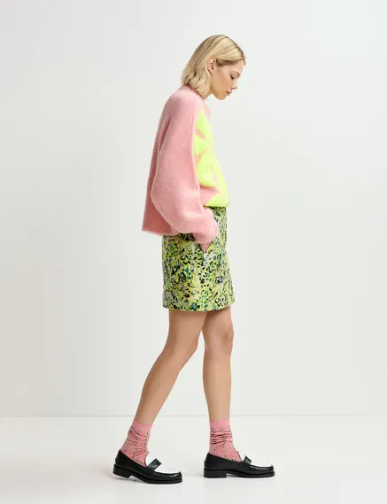 Light pink and neon yellow floral intarsia-knitted sweater