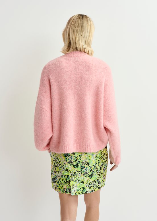 Pull en tricot intarsia fleuri rose clair et jaune fluo