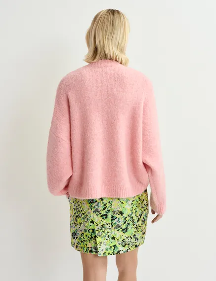 Pull en tricot intarsia fleuri rose clair et jaune fluo