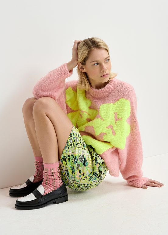 Light pink and neon yellow floral intarsia-knitted sweater