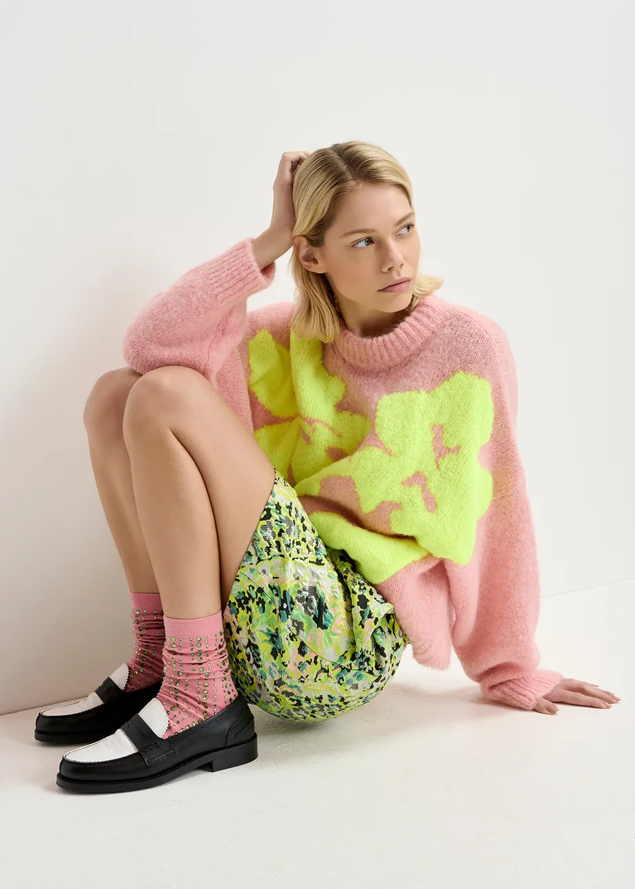 Light pink and neon yellow floral intarsia-knitted sweater