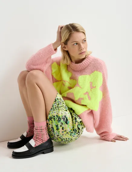 Light pink and neon yellow floral intarsia-knitted sweater