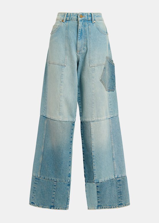 Blauwe patchwork jeans met rechte pijpen