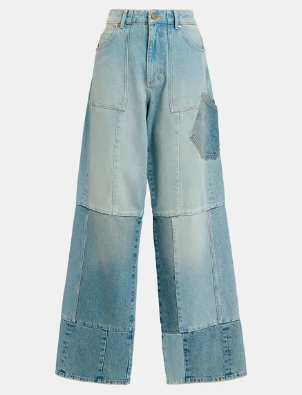 Blaue Patchwork-Jeans mit geradem Bein