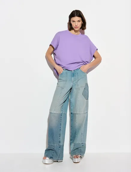 Blaue Patchwork-Jeans mit geradem Bein