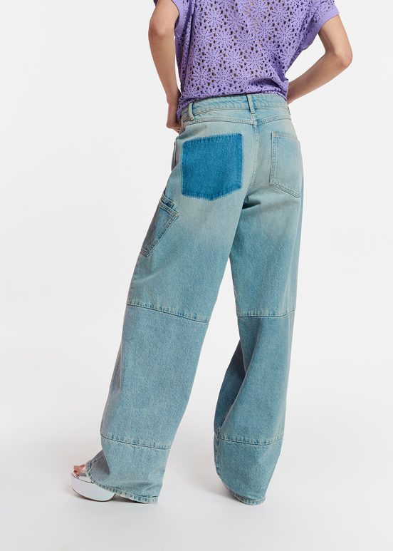 Blauwe patchwork jeans met rechte pijpen