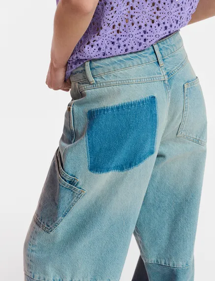 Blauwe patchwork jeans met rechte pijpen