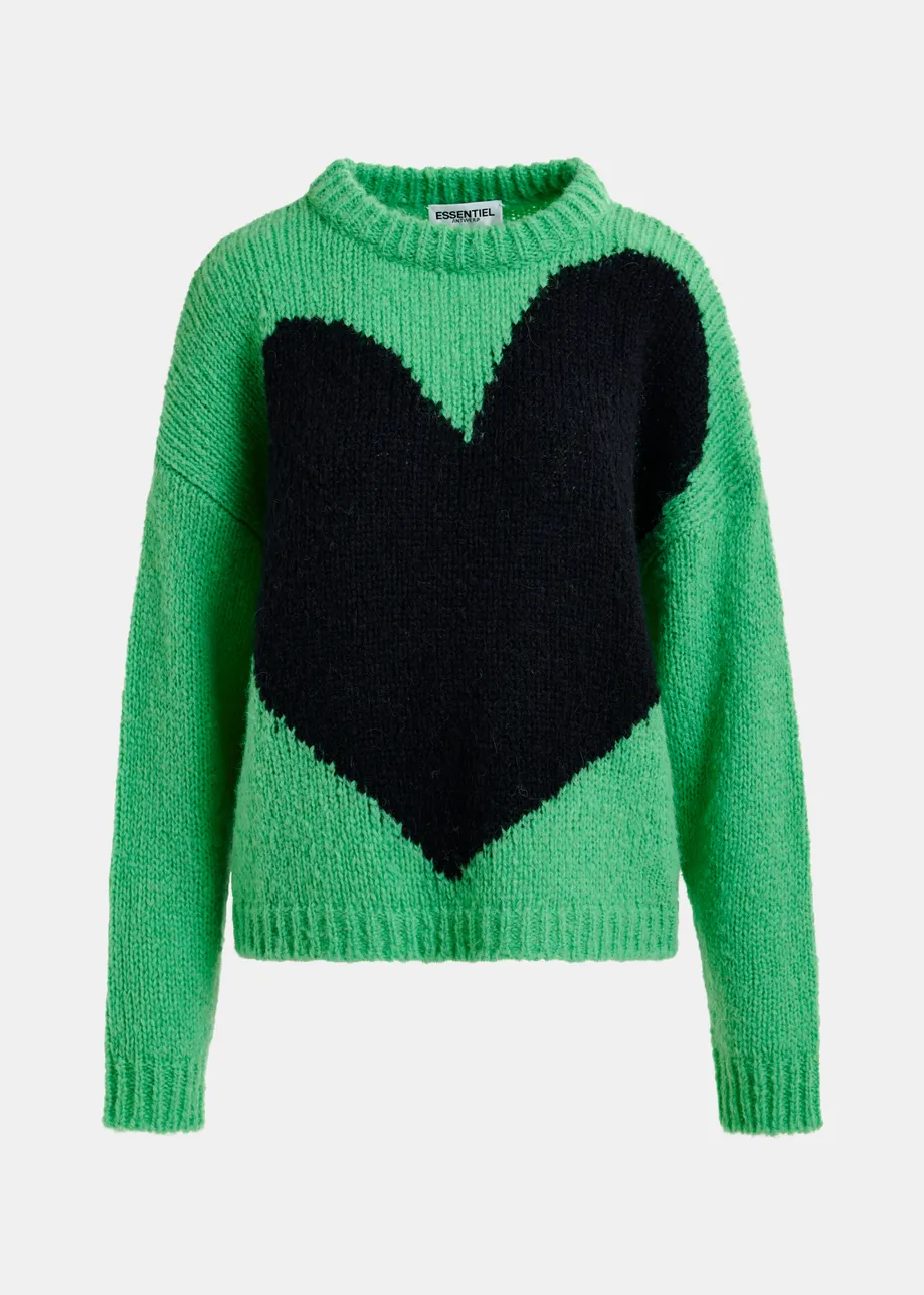 Pull vert avec cœur en intarsia