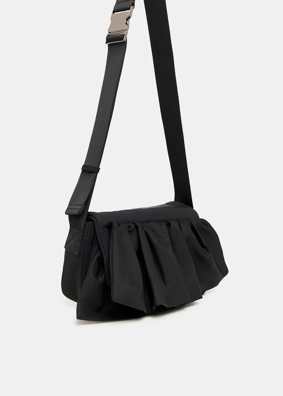 Black ruffle-embellished shoulder bag