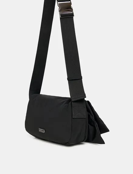 Black ruffle-embellished shoulder bag