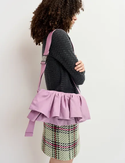 Mauve ruffle-embellished shoulder bag