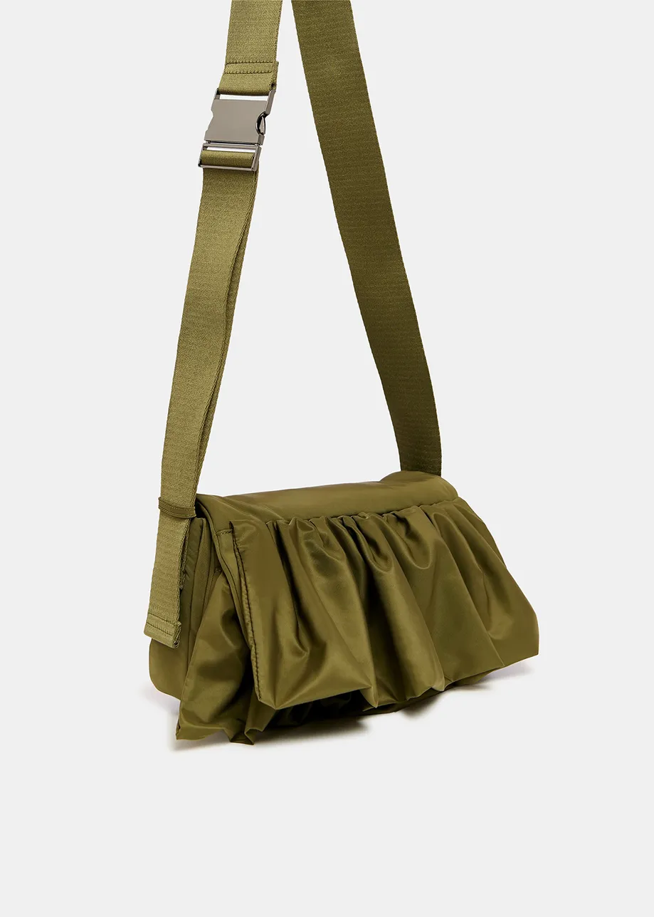 Khaki ruffle-embellished shoulder bag