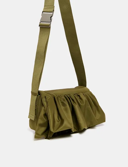 Khaki ruffle-embellished shoulder bag