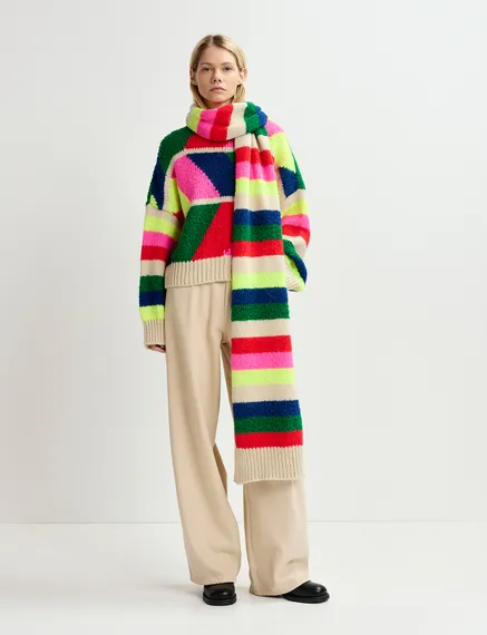 Multicolor striped intarsia-knitted scarf