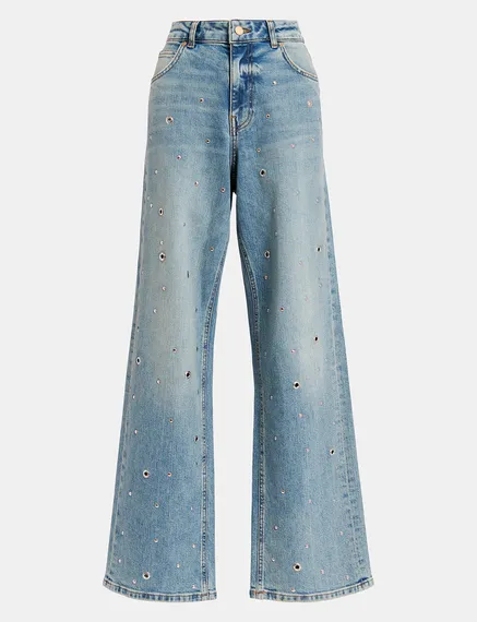 Blue eyelet-embellished jeans