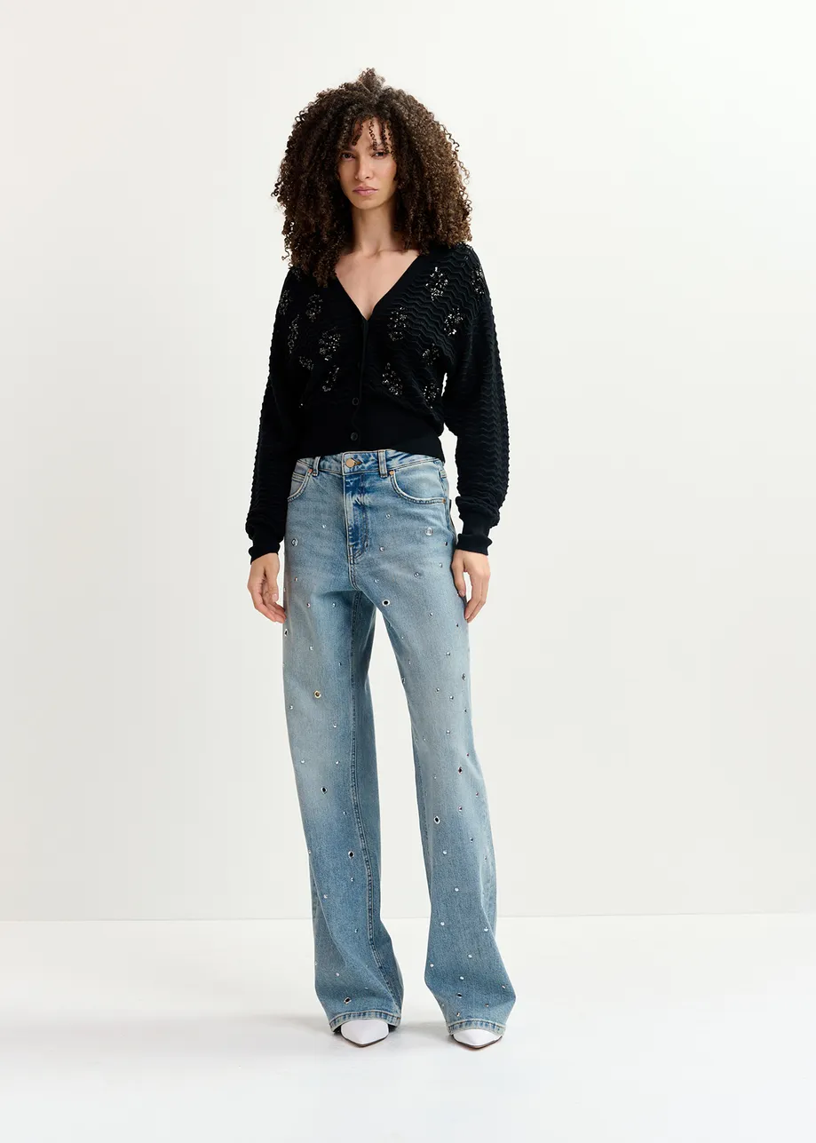 Blue eyelet-embellished jeans