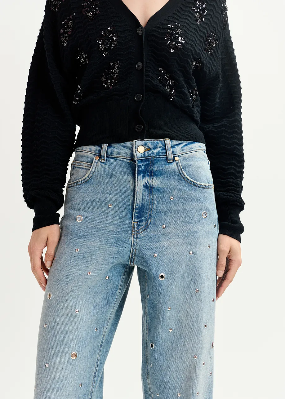 Blue eyelet-embellished jeans