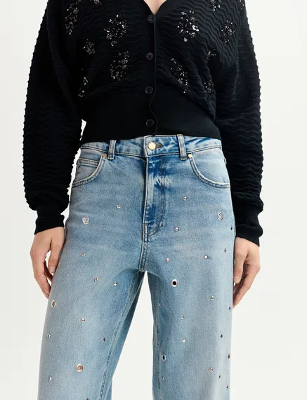 Blue eyelet-embellished jeans