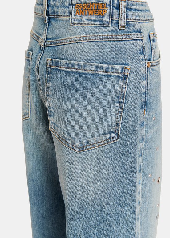 Blue eyelet-embellished jeans