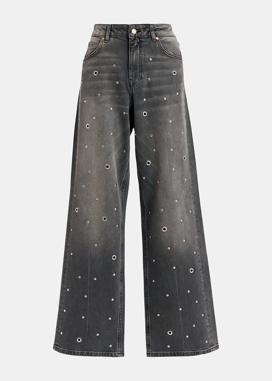 Grey eyelet-embellished jeans