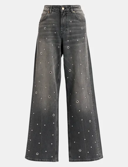 Grey eyelet-embellished jeans