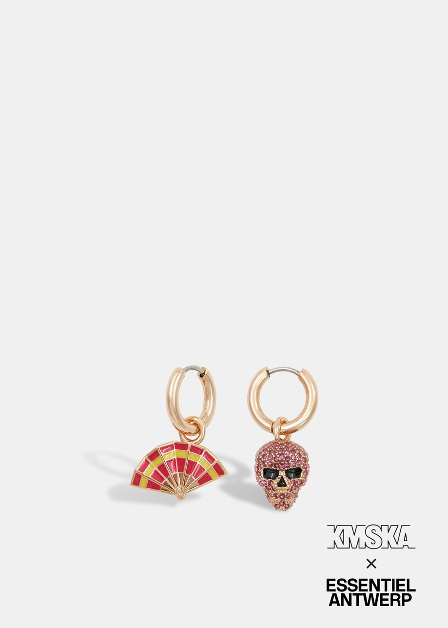 Gold-tone hoop earrings with skull and fan pendants - collaboration with KMSKA