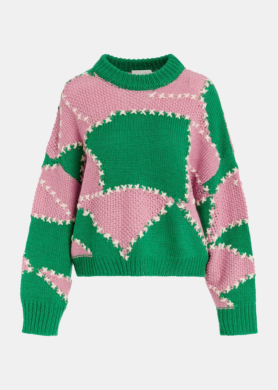 Green and light pink patchwork knit sweater