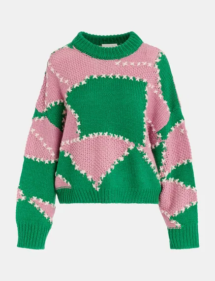 Green and light pink patchwork knit sweater