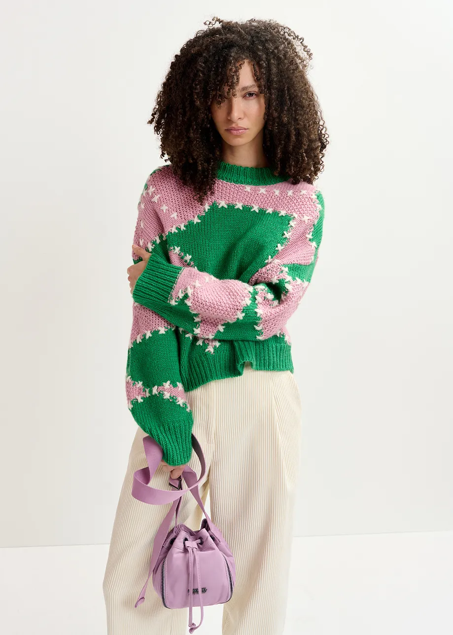 Green and light pink patchwork knit sweater